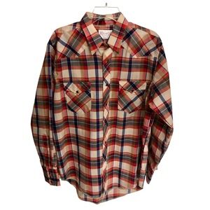 Wrangler Button Down Shirt‎ Mens XL Classic Red Plaid Pearl Snap Vintage 60s